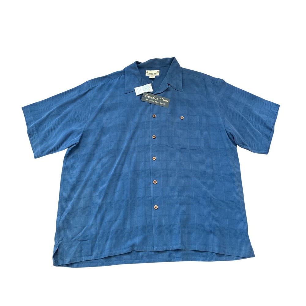 Paradise Coves Button Down Men Blue Washable Silk Textured Grid NWT SIZE XXL